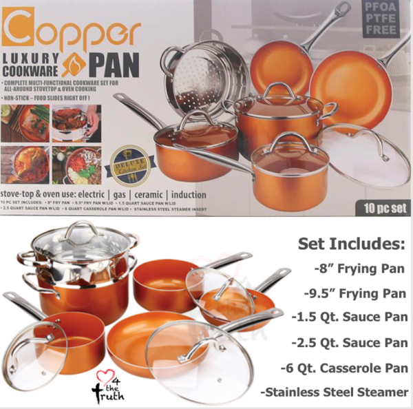 10 Piece Copper Induction Nonstick Set Chef Steamer Skillet Sauce Pan NEW IN BOX